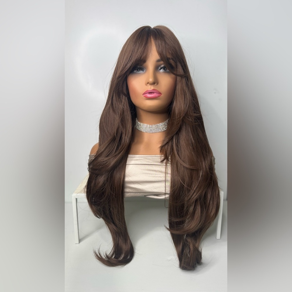 Long Chestnut Brown Synthetic Wig – Natural Brown, Curtain Bangs, Classic wig - Picture 2 of 11